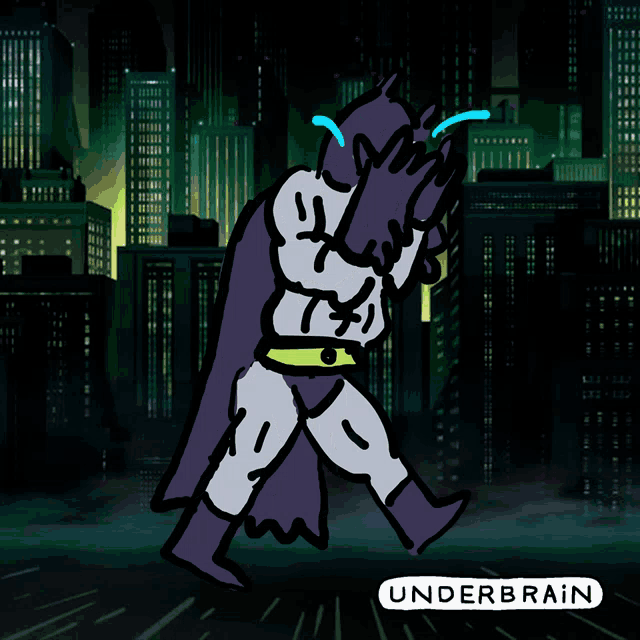 a cartoon drawing of batman crying with the word underbrain below him