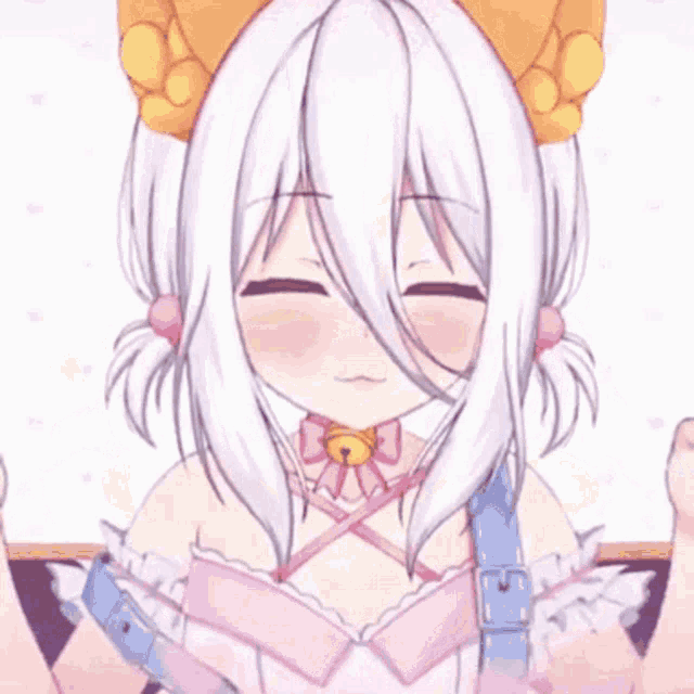 a girl with white hair and yellow eyes is wearing overalls