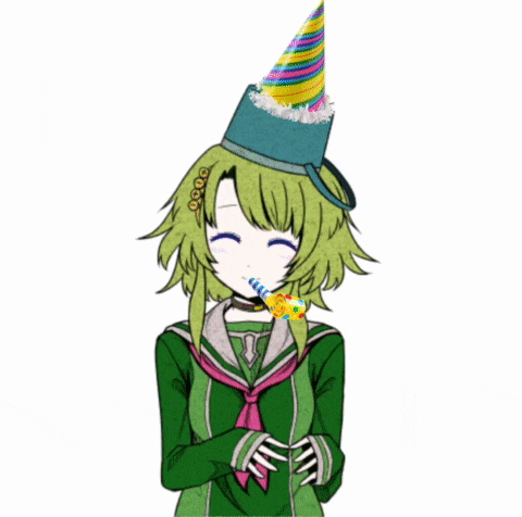 a girl with green hair wearing a party hat is surrounded by confetti