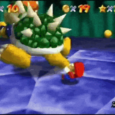 a video game screen shows mario and bowser playing a game called super mario 64