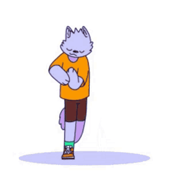 a cartoon cat is stretching his leg while wearing a yellow shirt and purple shorts .