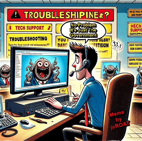 a cartoon of a man sitting in front of a computer with a sign that says " troubleshipine "