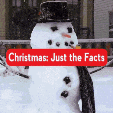 a snowman wearing a top hat and scarf with a red christmas just the facts sign above it
