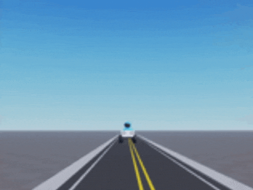 a blue robot is driving down a road in a video game