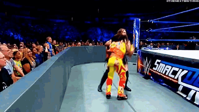 two wrestlers are fighting in front of a banner that says smackdown