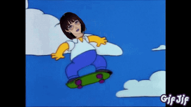 a cartoon of homer simpson flying through the air on a skateboard with gif jif written below him