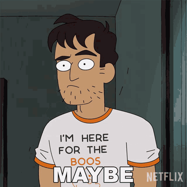 a cartoon man is wearing a shirt that says maybe