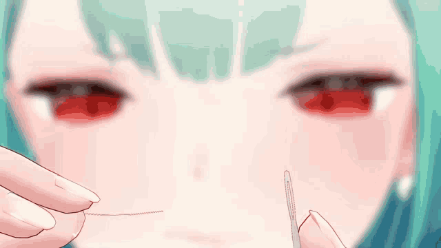a girl with green hair and red eyes is holding a needle in front of her face