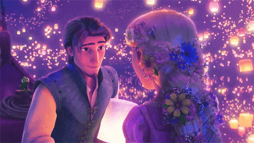 a man and a woman are looking at each other in a purple background