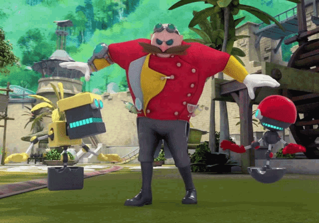 a cartoon character named dr. eggman is standing in a field