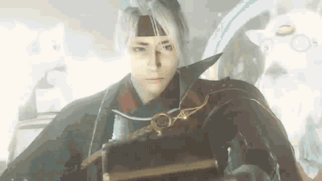 a man in a video game is holding a book and a sword .