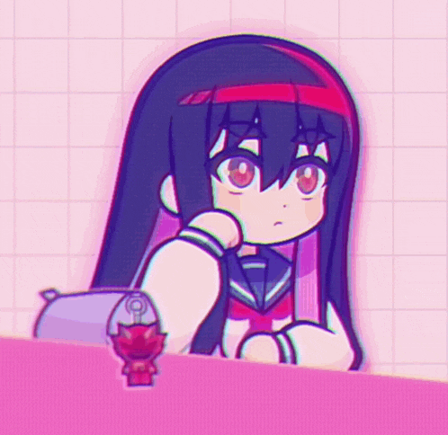 a cartoon girl with long black hair is sitting at a table with a pink background