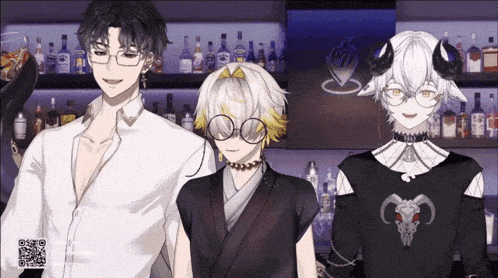 three anime characters are standing next to each other in front of a shelf full of bottles