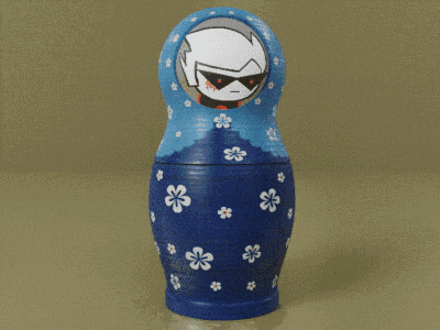 a blue green and orange matryoshka doll with a cartoon face on it