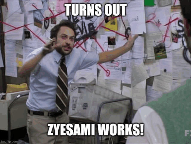 a man pointing at a bulletin board with the words turns out zyesami works