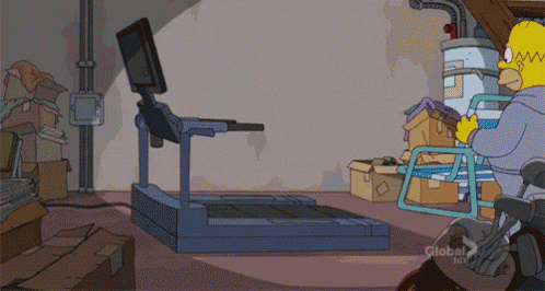 a cartoon of homer simpson on a treadmill with the words global hd on the bottom right