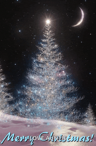 a merry love auntie christmas card with a christmas tree in the foreground