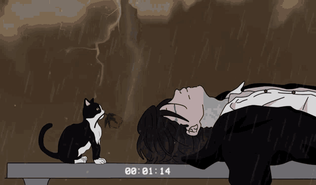 a black and white cat sits on a bench next to a man who is laying down