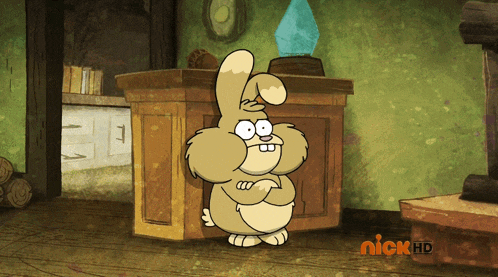 a cartoon of a rabbit standing next to a desk with the nick hd logo on the bottom