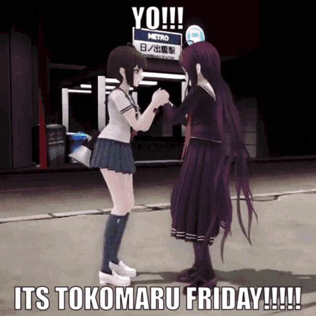 two anime girls shaking hands in front of a metro sign that says yo !!!