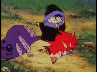 a cartoon character is laying on the ground with a purple dragon .