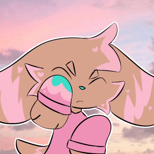 a cartoon drawing of a cat with pink ears and a blue eye