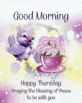 a purple bird is standing next to a cup of tea with flowers on it .