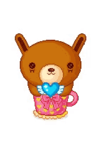 a pixel art of a teddy bear holding a heart in a pink cup