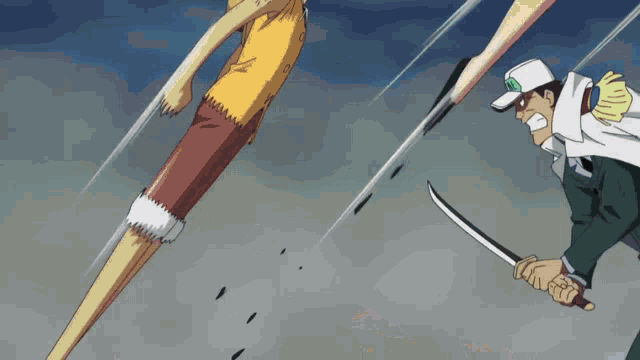 a man in a white hat is holding a sword in front of a cartoon character