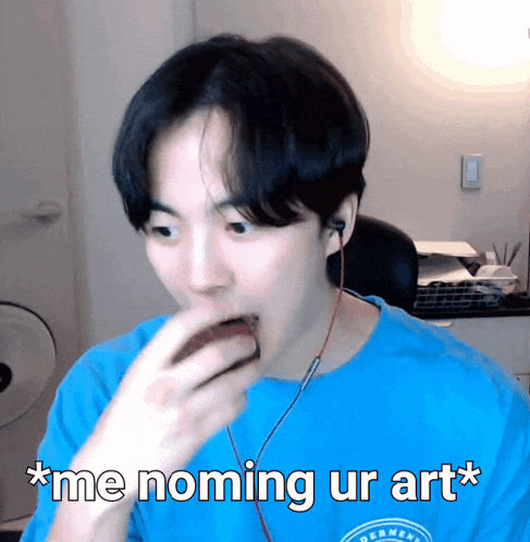 a man in a blue shirt is eating something and the caption says * me noming ur art*