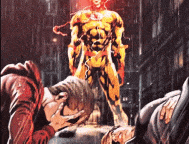 a man is kneeling down in front of a statue of a superhero