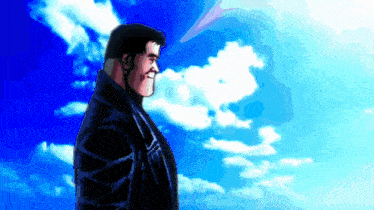a man stands in front of a blue sky with clouds