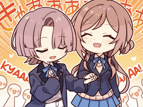 a cartoon of two girls holding hands with the words kyaaa written on the bottom
