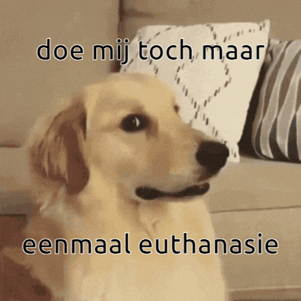 a dog is sitting in front of a couch with the words doe mij toch maar eenmaal euthanasie on it