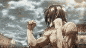 a man is flexing his muscles in front of a cloudy sky in a cartoon .