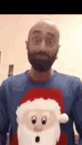 a bald man with a beard is holding a stuffed santa on his chest .