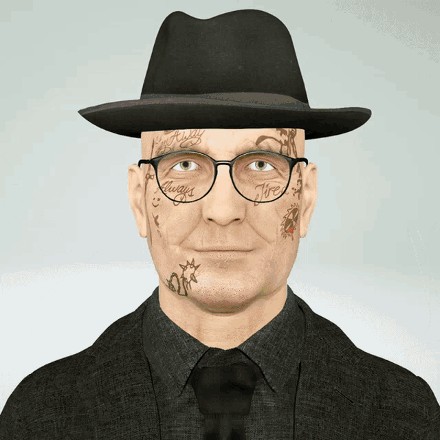 a man wearing glasses and a hat has tattoos on his face including one that says always