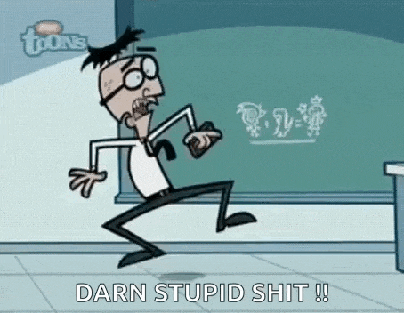 a cartoon man is running in front of a blackboard .