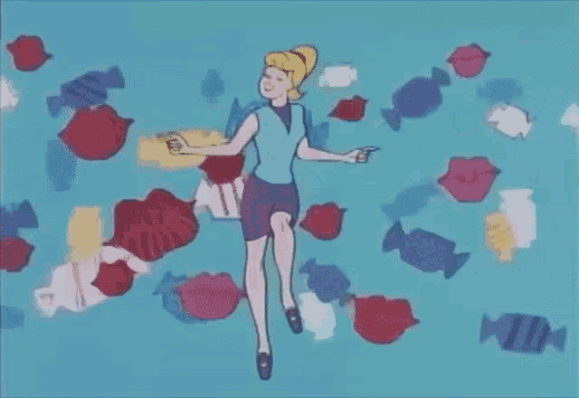 a cartoon of a woman surrounded by candy and pointing