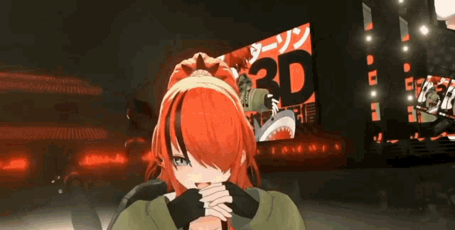 a girl with red hair is standing in front of a large 3d sign