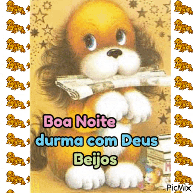 a picture of a dog holding a newspaper with the words boa noite durma com deus beijos
