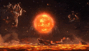 a video game scene with a large red sun in the middle