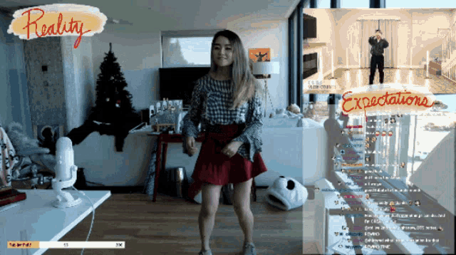 a woman in a red skirt stands in front of a screen that says reality and expectations on it