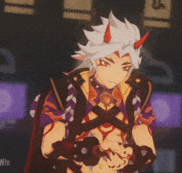 a cartoon character with horns is wearing a purple vest
