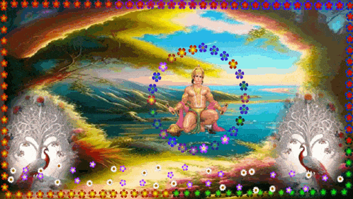 a painting of a man surrounded by flowers and a peacock