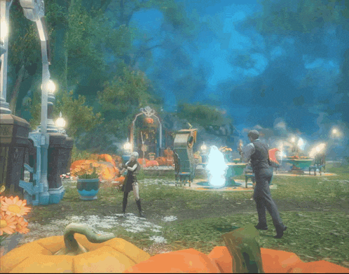 a couple of people standing in a field with pumpkins