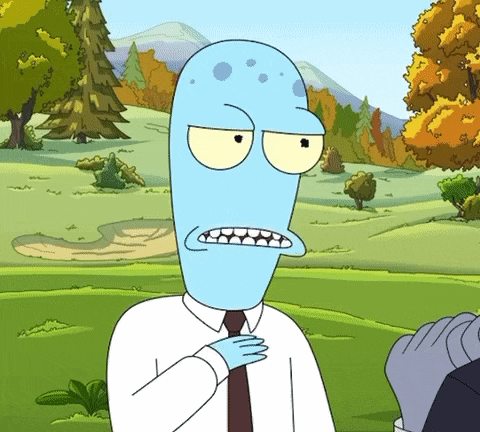 a cartoon character in a white shirt and tie is standing in a grassy field