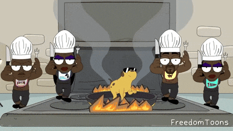 a group of cartoon characters are standing around a frog in a frying pan with the words " freedom toons " at the bottom
