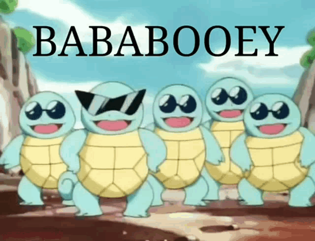 a group of cartoon turtles are standing next to each other with the words bababooey written above them