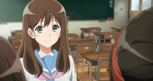 a girl in a school uniform stands in a classroom looking at someone